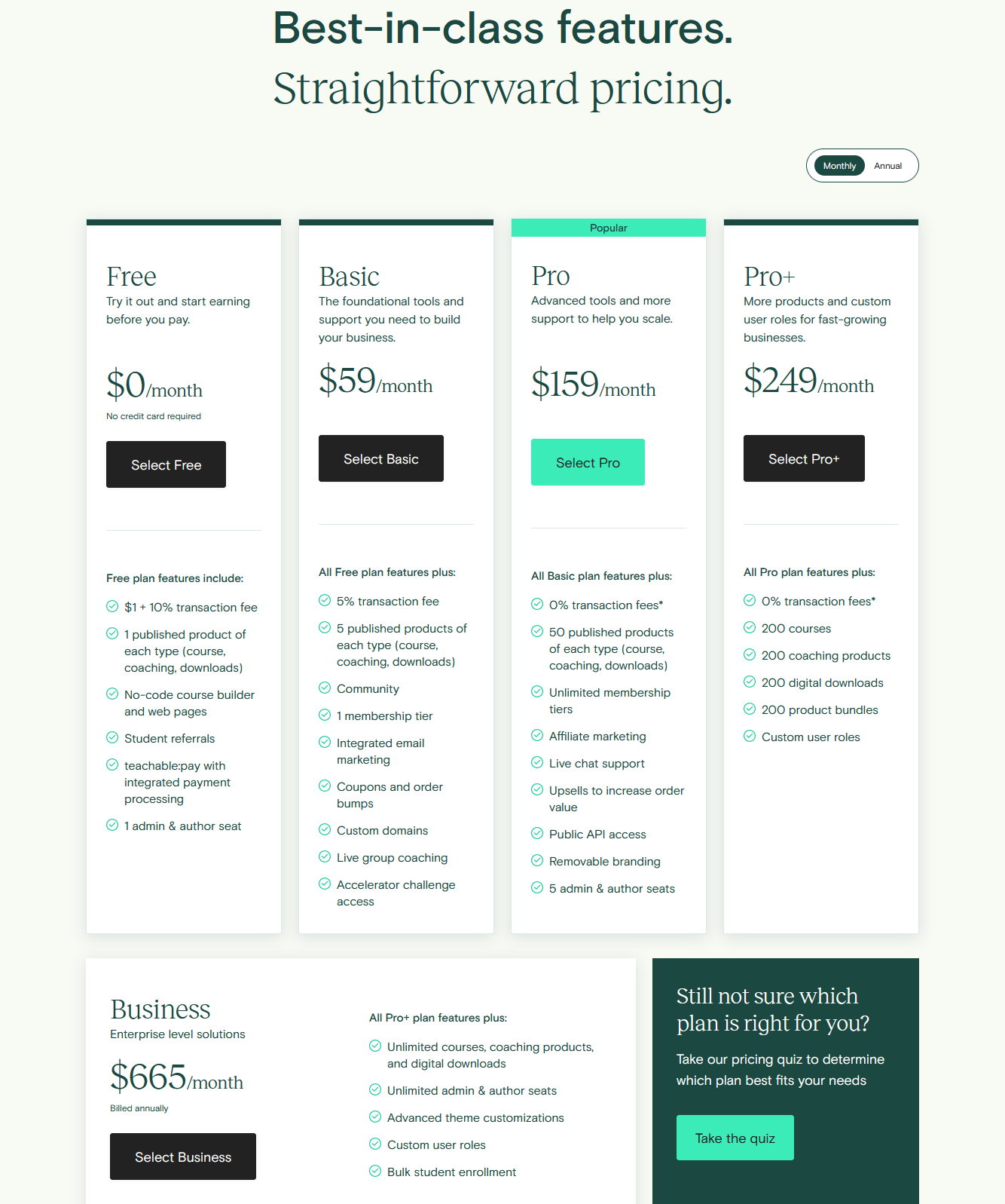 Teachable's plans and pricing