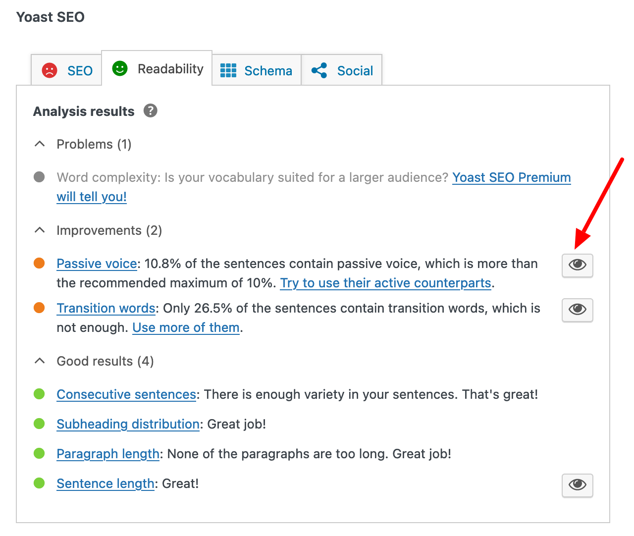 Yoast offers an easy way to find the location of points for improvement in your content.